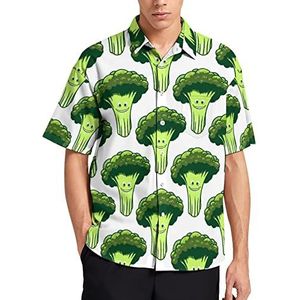 Cartoon Broccoli Patroon Mannen Korte Mouw T-Shirt Causale Button Down Zomer Strand Top Met Zak