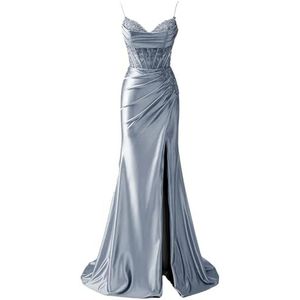 YIANN Satijnen baljurk met spaghettibandjes voor dames, met split, kant, applicatie, zeemeermin, lange baljurk, formele jurk, Dusty Blauw, 32