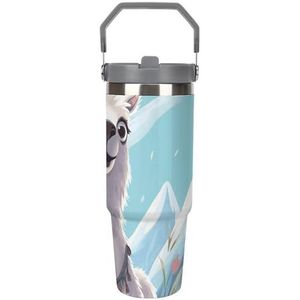 FZQVSGW 30 oz grote capaciteit autobeker met rietje lama roestvrijstalen reismok - dubbelwandige vacuüm geïsoleerde beker, lekvrij, voor reizen, buiten en thuisgebruik