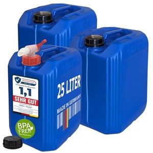 plasteo® Waterjerrycan voor dranken, 3 x 25 liter met 1 kraan en 3 schroefdeksels (DIN 61), geschikt voor levensmiddelen, BPA-vrij, draagbaar, binnen en buiten, blauw