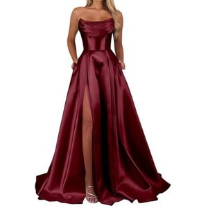Satijnen bruidsmeisjesjurken voor dames, voor bruiloft, ruches, avondjurken, cocktailjurken, grote maten, Bordeaux, 32
