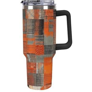 40 oz roestvrijstalen beker met handvat oranje rasterlijnen grote capaciteit autobeker lekvrije reisbeker koffiemok dubbele drinkdeksel waterfles geschenken voor mannen vrouwen