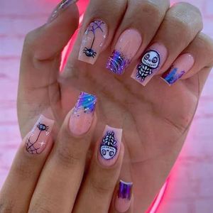 Nepnagels Amlond - French Press op nagelpatroon - Franse glanzende nageltips met geleilijm - Ovale plaknagels for vrouwen(Purple Spider Mysterious Ghost)