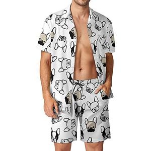 Franse Bulldog mopshond hoofd mannen Hawaiiaanse bijpassende set 2-delige outfits button down shirts en shorts voor strandvakantie