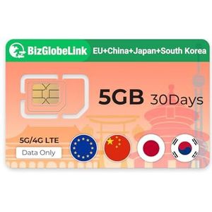 EIOTCLUB BizGlobeLink Prepaid SIM-kaart voor internationaal gebruik in China, Japan en Zuid-Korea, alleen gegevens, 5G/4G LTE, zonder contract, navulbaar, voor mobiele telefoons, wifi-routers en