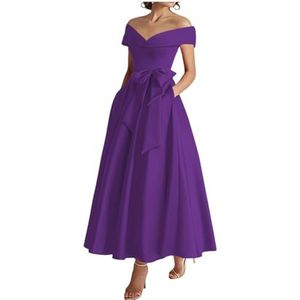 WSEYU Off Shoulder Moeder van De Bruid Bruidegom Jurken Satijn Boog Formele Avond Grootmoeder Jurken Thee Lengte ZM289, Paars, 32
