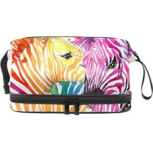 Grote capaciteit reizen cosmetische tas,Make-up tas,Waterdichte make-up tas Organizer, Kleurrijke aquarel zebra, Meerkleurig, 27x15x14 cm/10.6x5.9x5.5 in