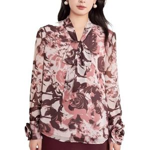 ROUZIHU Damesshirt met lange mouwen, chiffon shirt met print, voor woon-werkverkeer en lange mouwen, damesshirt, Roze, XXL