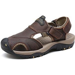 Heren echt leer gesloten teen sandalen, casual handgemaakte wandelsandalen, mode holle backpacken strandschoenen, Donkerbruin, 44 EU