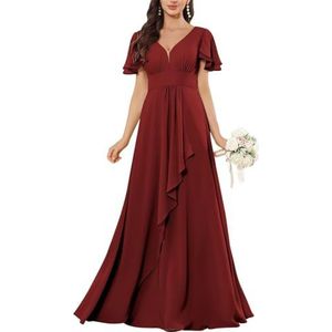 HPPEE Flutter Mouw V-hals Chiffon Bruidsmeisjesjurken voor Vrouwen Ruches A-lijn Maid of Honor Formele Avondjurk, Bordeaux, 32