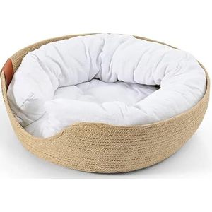 Handgemaakte bamboe wevende huisdiermat, kattenmat, hondenbed, bank, gezellige nestmanden, waterdicht verwijderbaar kussen, slaaphuis (Color : Pet Bed with Pillow, Size : 38cm)