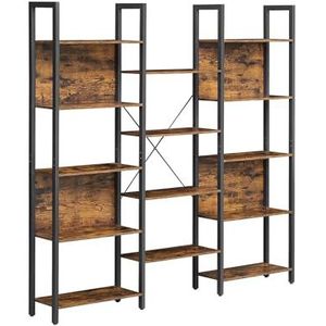 VASAGLE boekenkast, ladderplank, 14 planken, metalen frame, voor woonkamer, studeerkamer, kantoor, industrieel ontwerp, 158 x 24 x 166 cm, vintage bruin-zwart LLS107B01