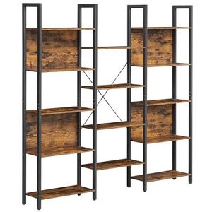 VASAGLE boekenkast, ladderplank, 14 planken, metalen frame, voor woonkamer, studeerkamer, kantoor, industrieel ontwerp, 158 x 24 x 166 cm, vintage bruin-zwart LLS107B01
