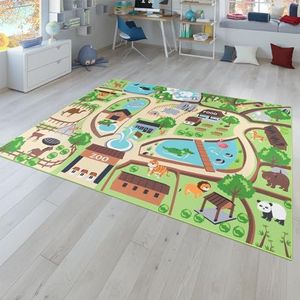 Vloerkleed voor de kinderkamer, Speelvloerkleed voor kinderkamers, Dierentuin met Tijger, Beer, Leeuw, Kleurrijk, Maat:120x160 cm