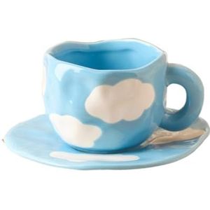 Kop- en schotelset handgeschilderd The Blue Sky en White Clouds koffiekop met schotel keramische handgemaakte theekop schotel set schattig cadeau voor haar theekop en schotels (maat: 200-400 ml,