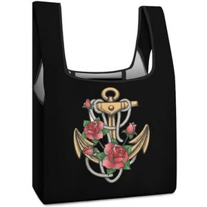 Anker met Rose Bloemen Herbruikbare Boodschappentassen Opvouwbare Boodschappentassen Grote Vouwbare Tote Bag met Lange Handvatten