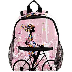 Mini Rugzak Pack Tas Roze Lente Meisje Rading een fiets Bloem Leuke Mode, Meerkleurig, 25.4x10x30 CM/10x4x12 in, Rugzak Rugzakken