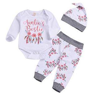Juflam Baby meisjes kleding tante bestie rompertje top + bloemenbroek + hoed 3-delig baby tante kledingset, wit, 0–6 Monate