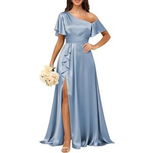 KURFACE Satijnen bruidsmeisjesjurken met mouwen geplooid korset galajurk met split lange formele avondjurk voor dames, Dusty Blauw, 36
