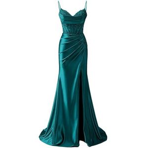 YIANN Satijnen baljurk met spaghettibandjes voor dames, met split, kant, applicatie, zeemeermin, lange baljurk, formele jurk, Turkoois, 50 grote maten