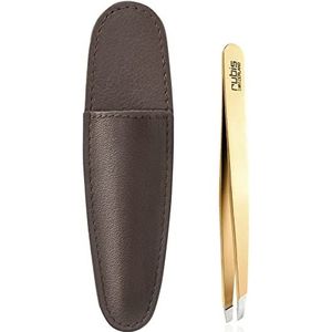 Rubis Pincet Gold - wenkbrauwpincet schuin in bruin leer pincet etui - professionele pincet om wenkbrauwen te epileren