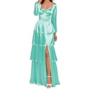 AHERKLL Bruidsmeisjesjurken met lange mouwen voor bruiloft gelaagde satijnen formele avondfeest maxi-jurk met split HAH043, Turkoois, 44