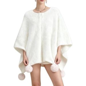 CakfLjkhl Elegante effen gekleurde mantelshawl voor vrouwen, zachte warme cardigan met open voorkant en pompons,Wit,L