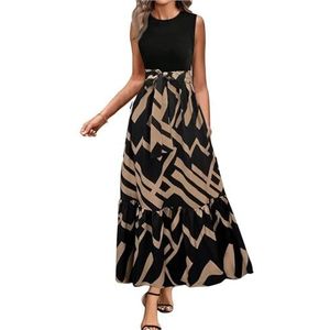 Lange bloemenjurken for dames, ronde hals, korte mouwen, A-lijn jurk met riem, zwierige maxi-jurk(Brown,XXL)