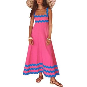 Dames zomer maxi-jurk casual boho mouwloze spaghettibandjes gesmokte lange strandzonjurken(Color:Blue Pink B,Size:Large)