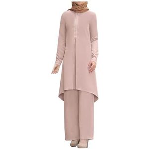 UPPJPBSW Muslim Vrouwen Plus Size Linnen Lounge Set - 2-Delige Outfit Losse Lange Mouw Tuniek Shirt met Gespleten Zoom Wijde Broek,Roze,3XL