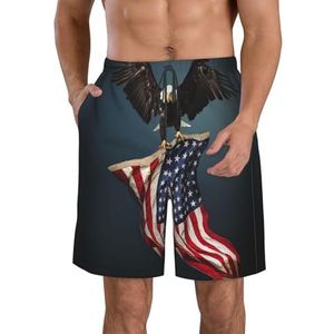 3D Bald Eagle Flying met Amerikaanse vlag print heren strandshorts zomer shorts met sneldrogende technologie, lichtgewicht en casual, Wit, XL