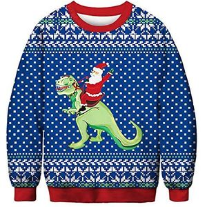 Leezeshaw Heren Merry Christmas Jumpers, Unisex Grappige Lelijke Kerst Jumpers 3D Xmas Kat Koe Elf Gedrukt Sweatshirt Pullover Top M-XXL, Santas Dinosaurus, XXL