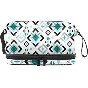 Dubbele Laag Cosmetische Tas Groene Geometrische Vormen Draagbare Make-up Tas Reizen Organizer Pouch voor Vrouwen Meisjes Toiletartikelen Tassen, Meerkleurig, 27x15x14 cm/10.6x5.9x5.5 in, Make-up zakje