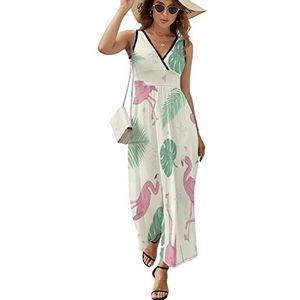 Flamingo And Leaf Maxi lange jurk voor dames, V-hals, mouwloos, tank, zonnejurk, zomer