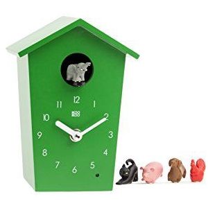 KOOKOO AnimalHouse Groen, Moderne kleine koekoeksklok met 5 boerderijdieren, geluidsopnames uit de natuur. Heeft een vriendelijk en modern ontwerp