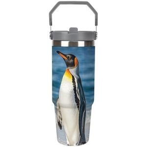 FZQVSGW 30 oz grote capaciteit autobeker met rietje, pinguïn en zee, roestvrijstalen reismok - dubbelwandige vacuüm geïsoleerde beker, lekvrij, voor reizen, buiten en thuisgebruik