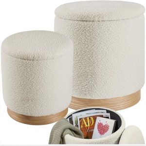 tectake® - Set van 2 krukken met opbergruimte - bouclé teddy stof - Scandi - Gestoffeerde kruk rond - Voor make-uptafel, slaapkamer, woonkamer - 2 maten (38 en 32cm)