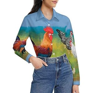 Haan met kippen schilderij damesshirt lange mouwen button down blouse casual werk shirts tops M