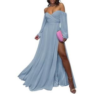 Chiffon bruidsmeisjesjurk voor dames, met splitplooien, baljurken, cocktailjurken, grote maten, Dusty Blauw, 32