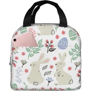 SUUNNY Bloemen Konijntjes Vogels Print Lichtgewicht Geïsoleerde Lunch Tas Rolltop voor Warmte Retentie - Warm/Koud Voedsel Lunch Tote