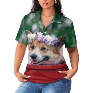 Leuke Corgi met Lila Bloemen Vrouwen Sport Shirt Korte Mouw Tee Golf Shirts Tops Met Knoppen Workout Blouses