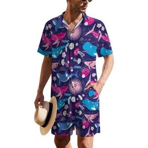 Levendige Whales Hawaiiaanse pak voor heren, set van 2 stuks, strandoutfit, shirt en korte broek, bijpassende set