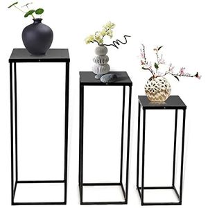 Set van 3 zuiltafels, bloemenkruk, metaal, rechthoekig, plantentafel, industriële stijl, zwart