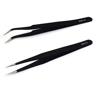 2 stuks antistatische pincet, ESD roestvrij stalen pincet, pincet, industriële pincet, antistatische precisiepincet, voor handwerk, sieraden, elektronica (zwart)
