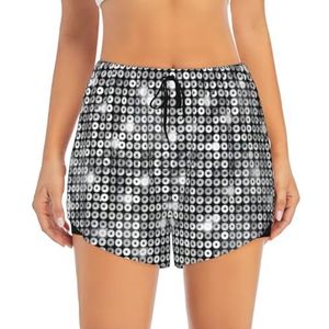 Yyoretp Zilveren pailletten Sparkle Patroon Print Vrouwen Atletische Zweet Korte Zomer Dubbellaags Casual Workout Shorts met Liner, Zwart, S