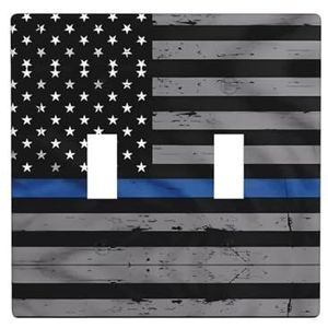 ZhaoYuGoods Amerikaanse dunne blauwe lijn vlag print muurplaat, dubbele tuimellichtschakelaar outlet cover 2-gang 11,4 cm x 11,4 cm, decoratieve pc-voorplaat voor thuis en kantoor