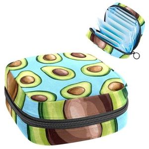 Fruit Avocado Patroon Blauwe Achtergrond Maandverband Opbergtas, Grote Menstruatie Cup Pouch met Rits, Menstruatie Pads Bag Store Panty Liners Tampons voor Meisjes Vrouwen