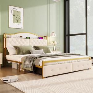 Moimhear Vlak bed, ijzeren frame, ingebouwd opbergvak in het hoofdeinde, USB-stopcontact, dubbele laden aan het einde van het bed, goud (180 x 200 cm)
