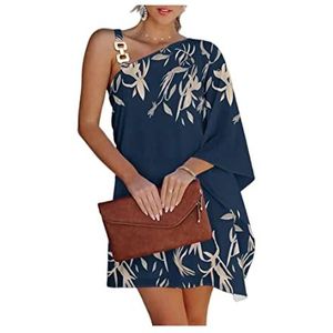 COTCLO Beach Dress Women Off Shoulder Sling Dress Summer Loose One Shoulder A-Line Dress Female Casual Beach Dresses-Navy,Xl