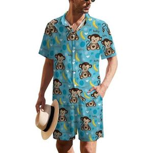 Leuke Monkey And Banana Hawaiiaanse pak voor heren, set van 2 stuks, strandoutfit, shirt en korte broek, bijpassende set